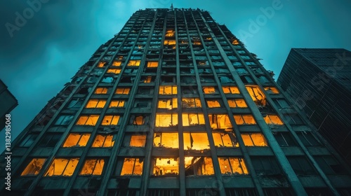 Wallpaper Mural Damaged skyscraper glows orange nighttime view Torontodigital.ca
