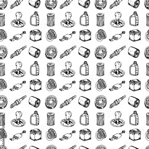 Seamless pattern Hand drawn vector illustration set of auto parts sign and symbol doodles elements. Isolated on white background