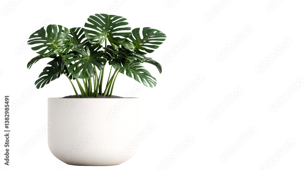 Naklejka premium Monstera deliciosa in pot, exotic greenery, decorative indoor plant, cut out transparent