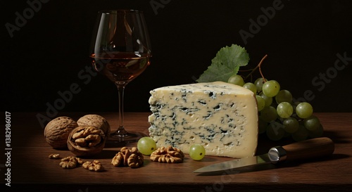 Still life with blue cheese grapes wine and walnuts on a wooden surface in a dark setting