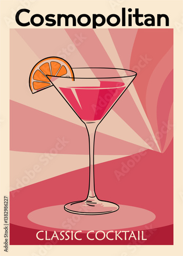 Cosmopolitan Cocktail retro poster. Popular alcohol drink. Vintage style flat vector illustration for bar, pub, restaurant decoration, kitchen wall art print.