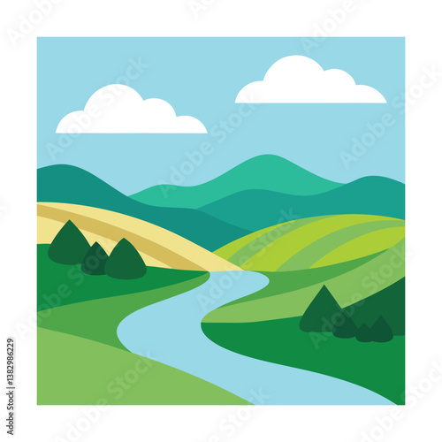 Colorful Flat Illustration of a Scenic Mountain River Valley