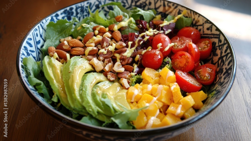 Eating Healthy Salad with Avocado, Tomato, Nuts and Greens Eating Healthy Salad with Avocado, Tomato, Nuts and Greens