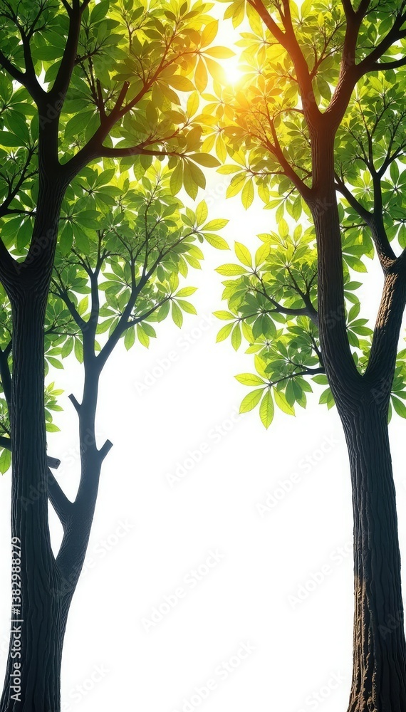 Obraz premium Branches of trees isolated on white background with slight fog, Trees, nature, leaves