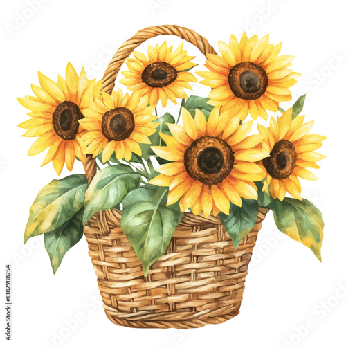 A watercolor painting of a sunflower bouquet in a basket, isolated on a white background. Sunflower bouquet in a basket vector

