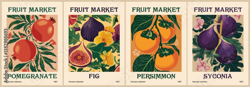 Set of abstract Fruit Market retro posters. Trendy kitchen gallery wall art with persimmon, fig, pomegranate. Modern naive groovy interior paintings. Vector art illustration.