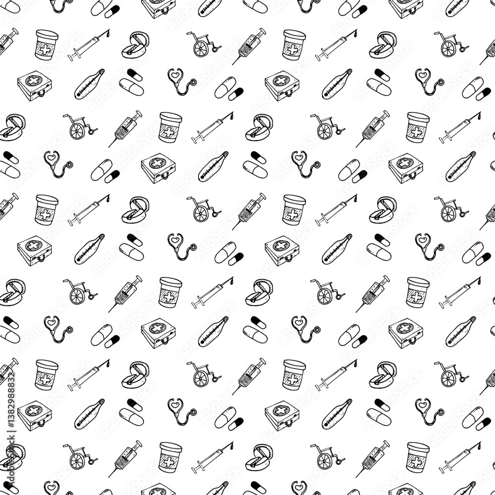 Seamless pattern set of different medical icons of wound care and treatments for medical info graphics. Hand drawn cartoon sketch vector illustration, sketch style icon Seamless pattern set of different medical icons of wound care and treatments for medical info graphics. Hand drawn cartoon sketch vector illustration, sketch style icon