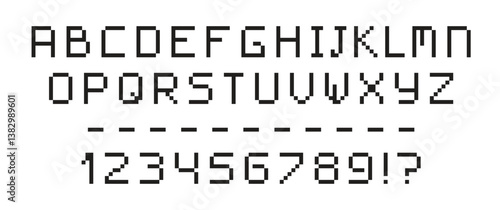 Pixel font set. Uppercase letters and numbers in pixel art style for computer display. Simple pixel 8 bit alphabet. Arcade game font. Vector illustration.