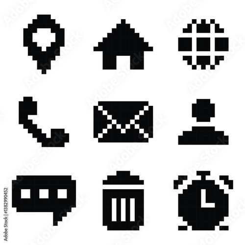 Black Pixel Art Icons Set Featuring Communication, Navigation, and Utility Symbols in a Retro Style