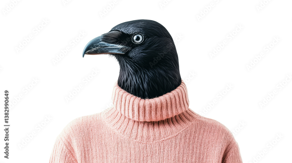 Fototapeta premium Raven head in pink turtleneck sweater, surrealism, cut out transparent