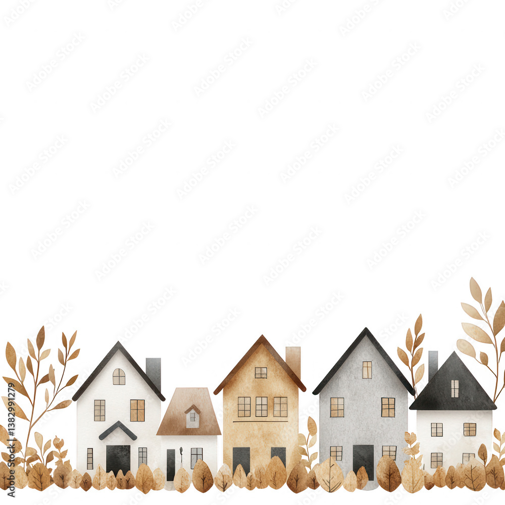 Charming illustration of multiple whimsical houses with autumnal foliage, perfect for various design projects. Ideal for representing community or cozy living. Charming illustration of multiple whimsical houses with autumnal foliage, perfect for various design projects. Ideal for representing community or cozy living.