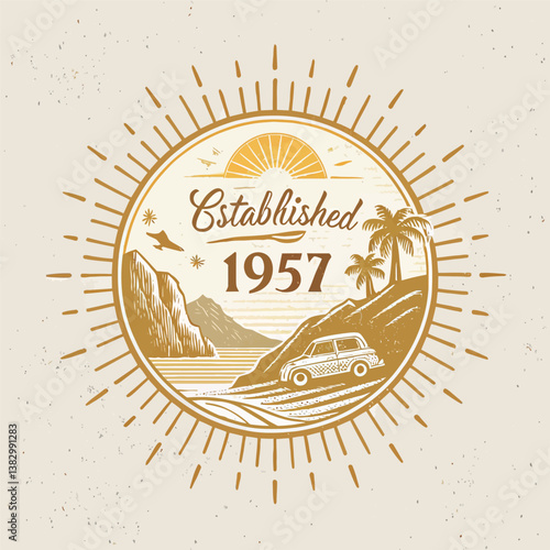 Vintage design featuring a car on a beach, established in 1957.