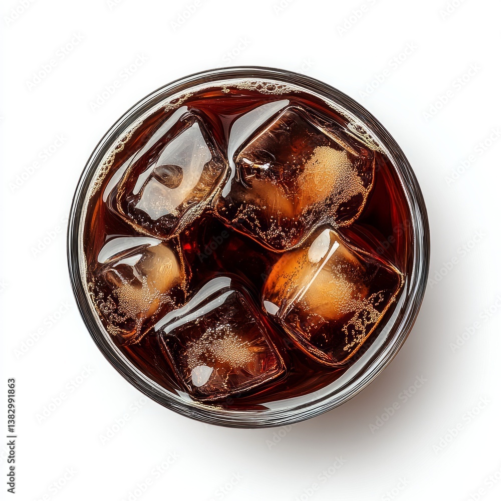 iced americano with big ice cubes in a glass, seen from above, white background iced americano with big ice cubes in a glass, seen from above, white background