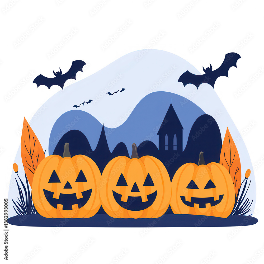 Fototapeta premium A festive Halloween scene featuring three carved pumpkins, bats flying, and a backdrop of hills and a dark castle silhouette, showcasing autumn leaves and a spooky atmosphere.
