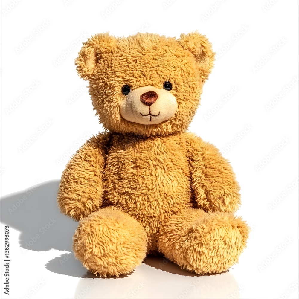 Obraz premium A cute light brown teddy bear plush toy sits on a white background showcasing its soft fluffy texture and adorable friendly face perfect for children's books websites or blogs.