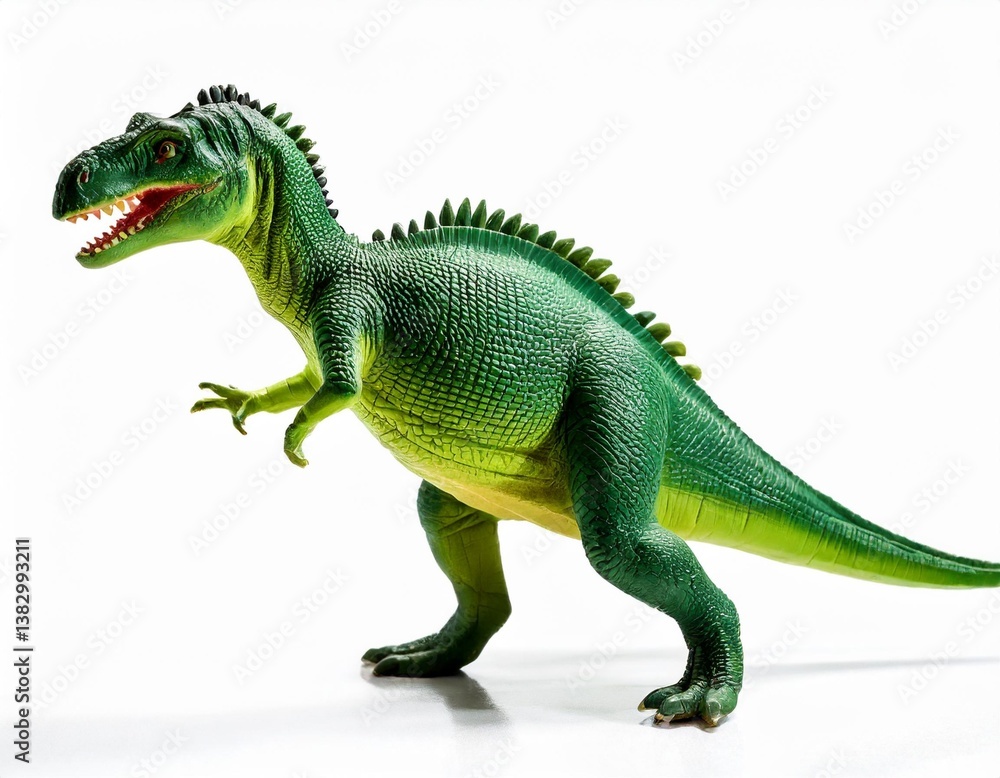 Fototapeta premium Green Toy Dinosaur Hovering Perfectly with a Clipping Path to Show Its Scales