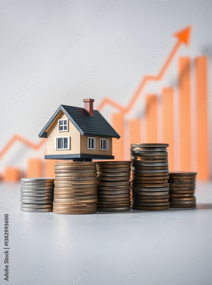 A house model sits on coins, symbolizing real estate investment and financial growth over time. A house model sits on coins, symbolizing real estate investment and financial growth over time.