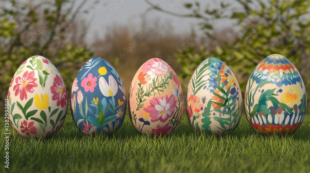 Row of Floral Painted Easter Eggs in Grass Row of Floral Painted Easter Eggs in Grass