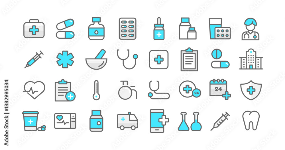 Set vector line icons, sign and symbols in flat design medicine and health with elements for mobile concepts and web apps. Set of Hospital, Medical, Clinic vector icon illustration Set vector line icons, sign and symbols in flat design medicine and health with elements for mobile concepts and web apps. Set of Hospital, Medical, Clinic vector icon illustration