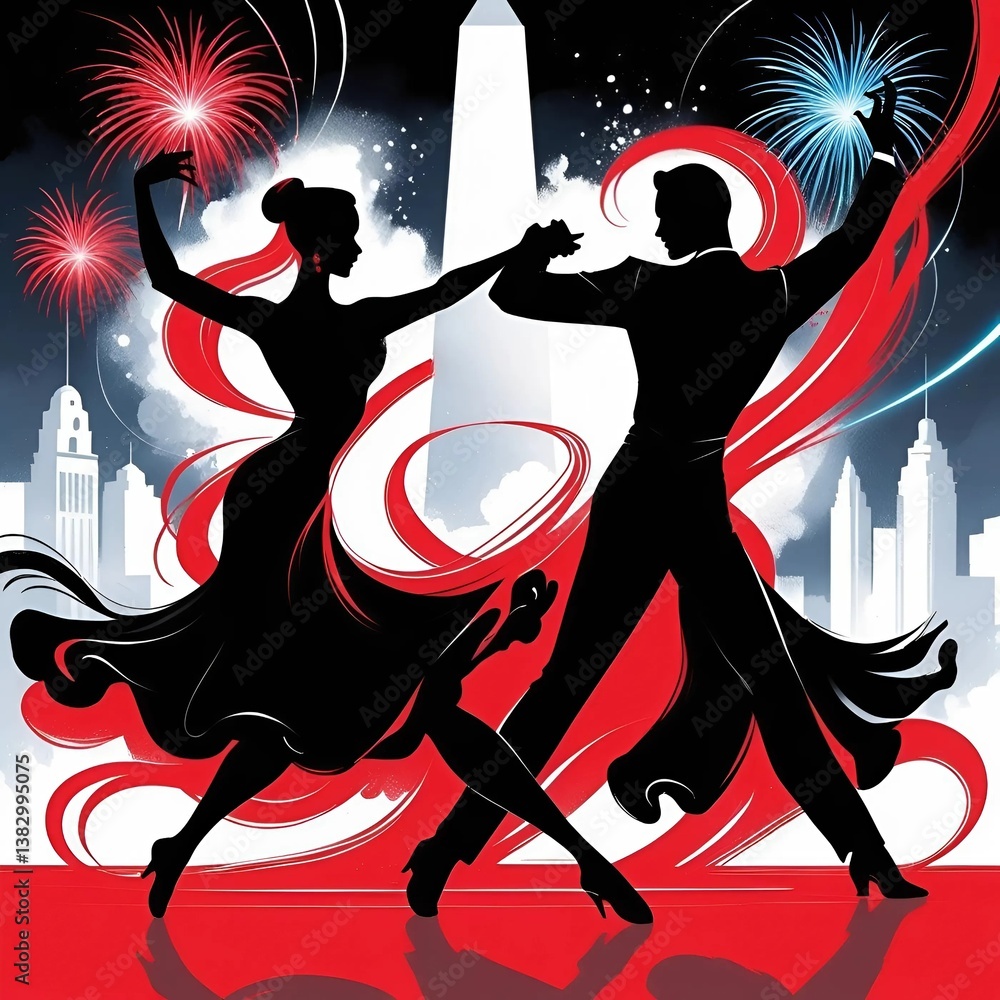 Fototapeta premium Elegant Couple Dancing Under Fireworks at Night