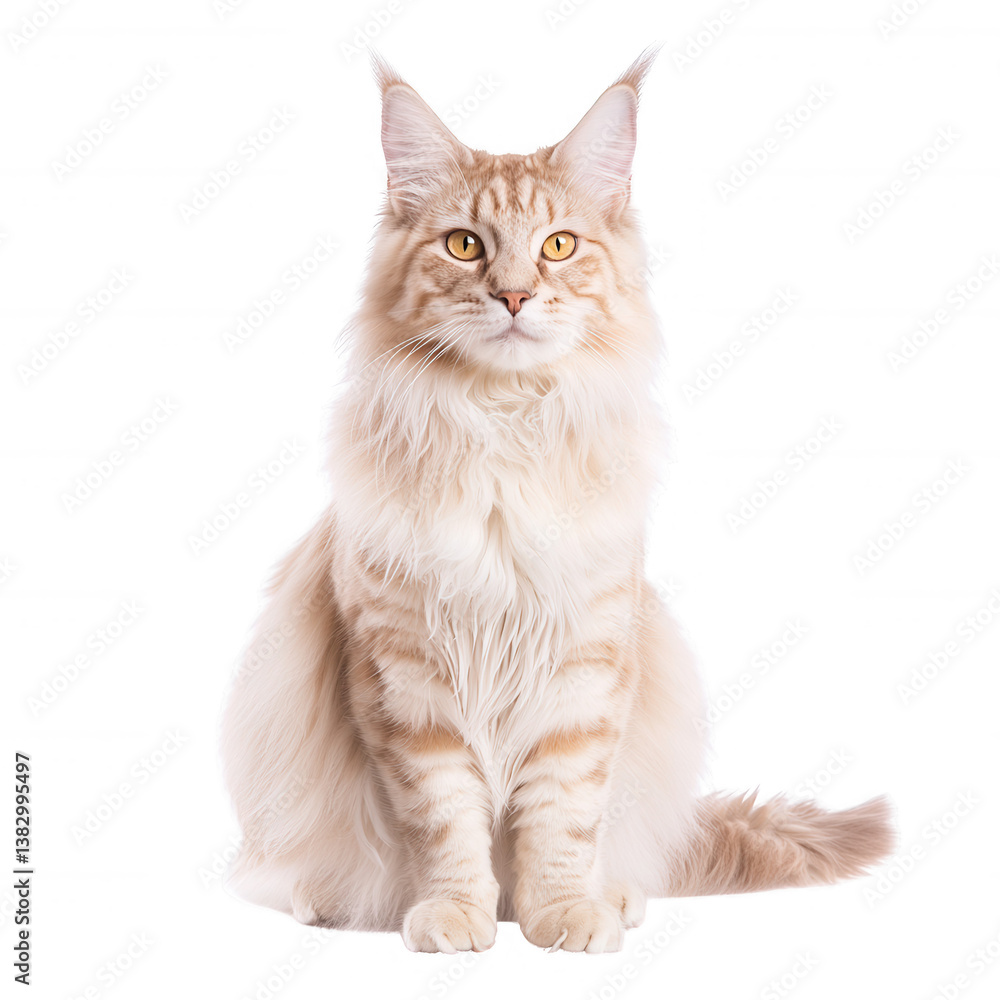 Fototapeta premium A majestic feline with fluffy fur, showcasing elegant posture and piercing eyes, sitting against a clean white background for a striking effect.