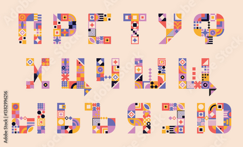Modern cyrillic bauhaus font, geometric swiss type. Vector alphabet, cyrillic font typography, colorful letters. Brutalism uppercase creative vibrant font