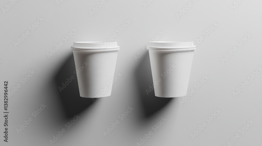 Two white coffee cups mockup on a plain background. Possible use for a coffee shop or design showcase Two white coffee cups mockup on a plain background. Possible use for a coffee shop or design showcase