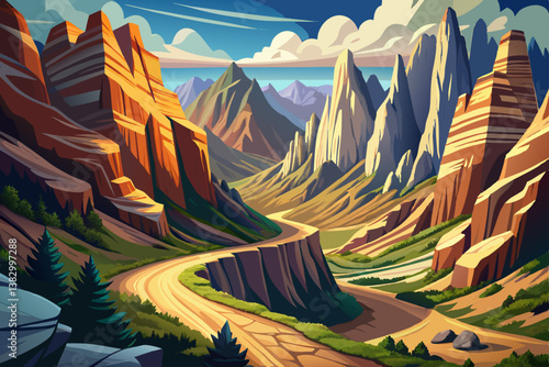 Mountain pass winding through steep cliffs and rugged terrain
