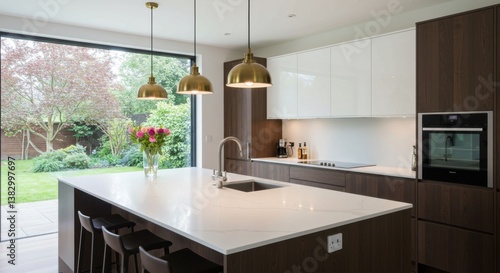 Modern Kitchen with Island, Pendant Lights, and Wooden Cabinets