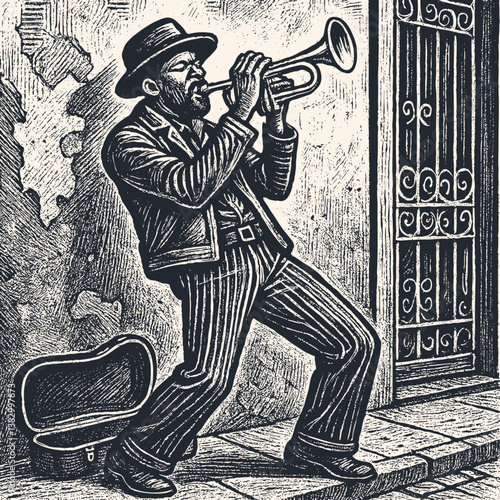 Vector illustration of a street musician playing the trumpet, with his case open nearby. Urban setting. Bold woodcut or linocut print style graphic.