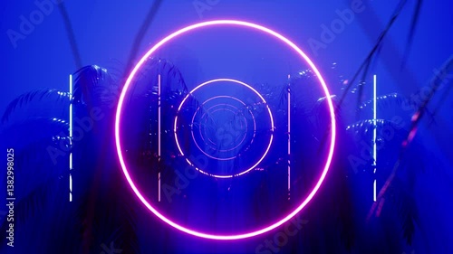 Palms with neon circles in blue mist. looped music animation