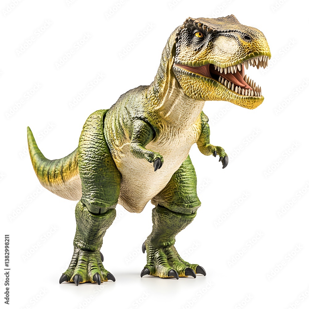 Fototapeta premium A detailed close-up studio shot shows a realistic green and yellow Tyrannosaurus Rex dinosaur toy model posed against a pure white background.