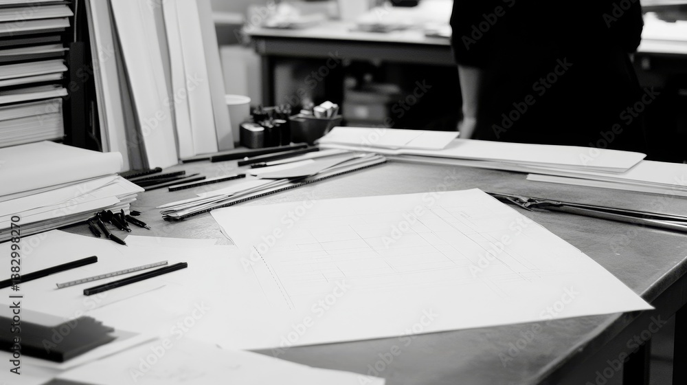 Creative workspace with sketches and tools, showcasing artistic process in a studio setting Creative workspace with sketches and tools, showcasing artistic process in a studio setting