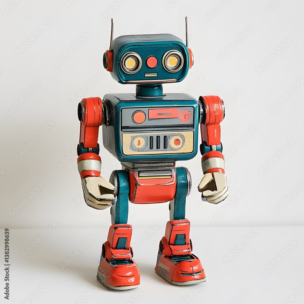 Fototapeta premium A vintage retro robot toy stands against a plain white background showcasing its teal red and cream colored metallic body and design details.