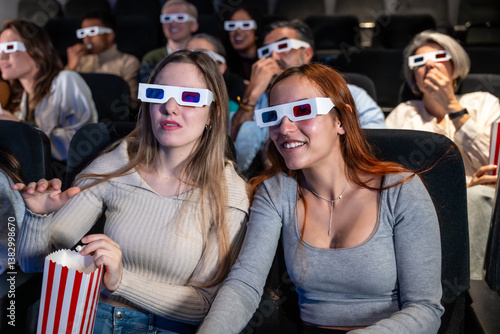 Obraz na płótnie Young women enjoying 3d movie with popcorn in cinema w salonie