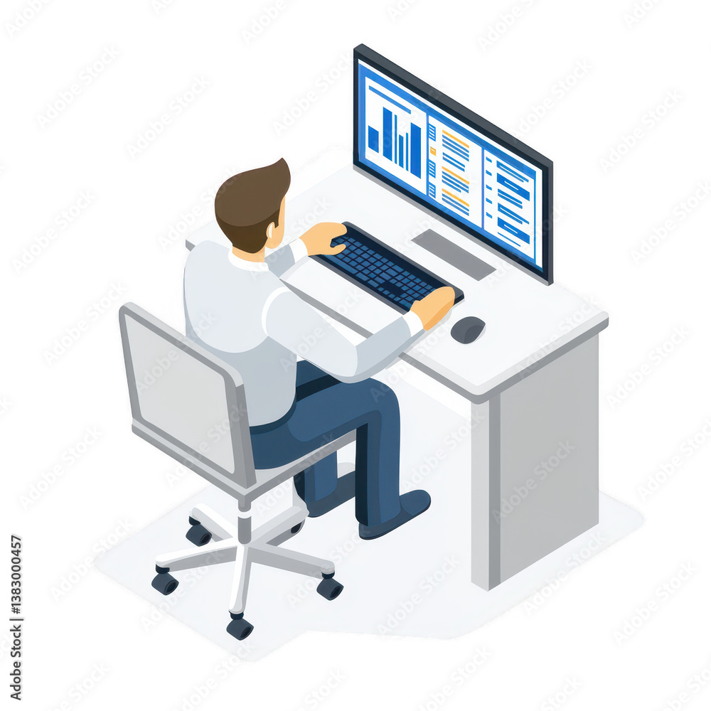 A professional man working at a desk using a computer to analyze data, surrounded by charts and graphs for a productive work session. A professional man working at a desk using a computer to analyze data, surrounded by charts and graphs for a productive work session.