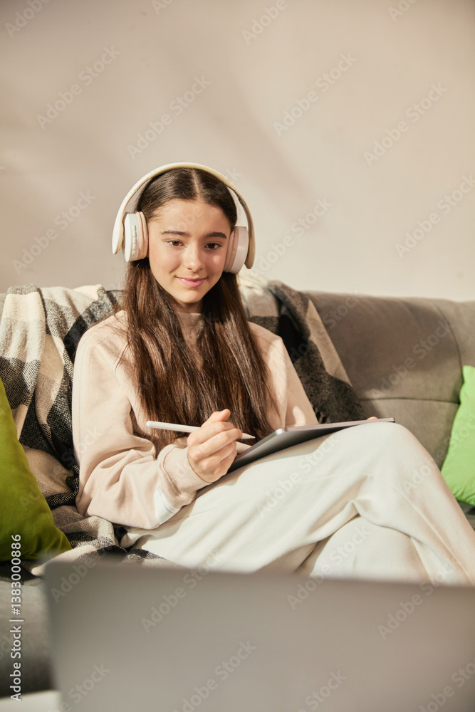 Smiling teen girl sitting on couch in headphones, attending online lesson at home, making notes on digital tablet with stylus. Interactive remote learning at home. Concept of education