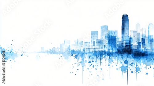 Hong Kong skyline watercolor, urban landscape, city view,  travel poster