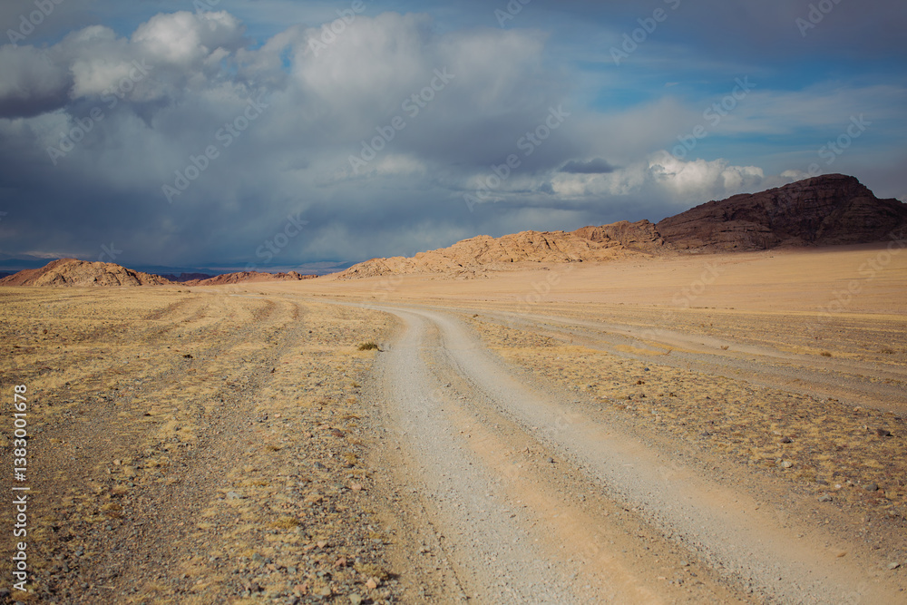 A dirt road disappearing into the vast steppe and mountains of Mongolia, blending into the rugged and endless landscape.