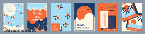 Abstract minimal travel poster, cover, card set with sun, plane in the clouds, palm tree, luggage and typography design. Summer holidays, journey, vacation travel illustrations