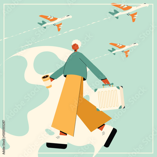 Abstract minimal travel cards set. People with luggage, plane in the clouds, palm tree. Summer holidays, journey, vacation travel illustrations