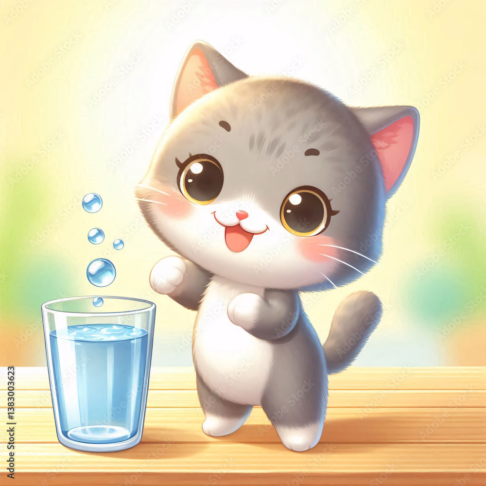Fototapeta premium Lovable cat standing tall on two legs, smiling warmly while gripping a glass of water, with its big expressive eyes shining