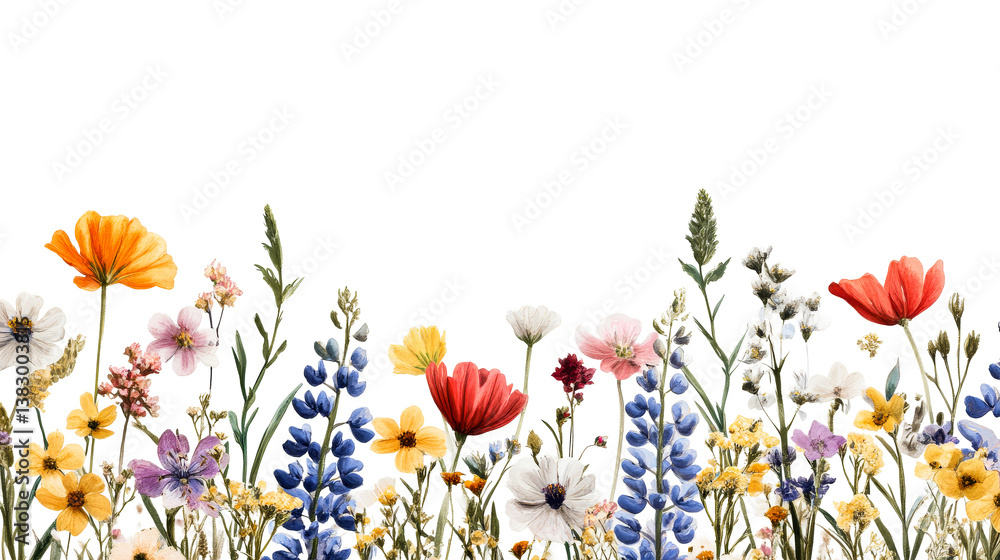 Fototapeta premium Wildflower border featuring colorful blooms against black backdrop, cut out transparent