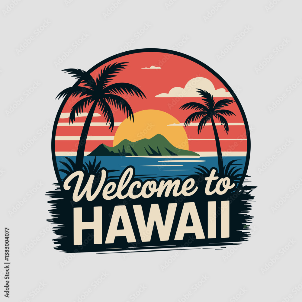 Obraz premium Welcome to Hawaii Badge with Sunset, Beach, and Hibiscus Flowers
