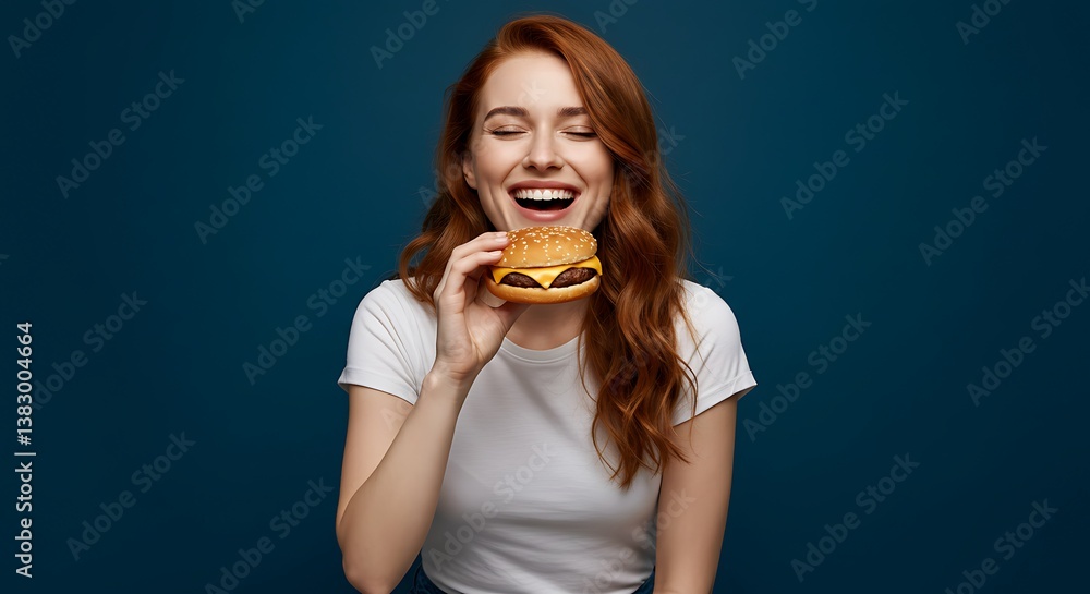 Happy Woman Enjoying Delicious Burger AI Generated Happy Woman Enjoying Delicious Burger AI Generated