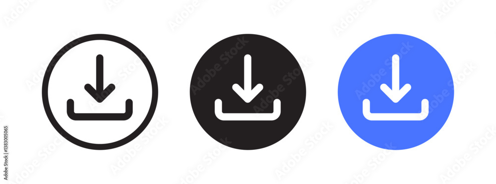 Download icon set featuring different styles and colors. Perfect for file download, data transfer, and digital actions in websites, apps, and user interfaces. Clean vector design with modern styling. Download icon set featuring different styles and colors. Perfect for file download, data transfer, and digital actions in websites, apps, and user interfaces. Clean vector design with modern styling.