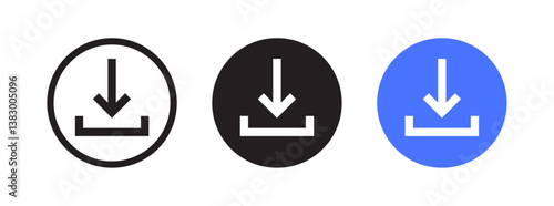 Download icon set featuring different styles and colors. Perfect for file download, data transfer, and digital actions in websites, apps, and user interfaces. Clean vector design with modern styling.