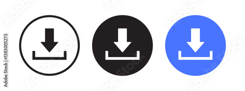 Download icon set featuring different styles and colors. Perfect for file download, data transfer, and digital actions in websites, apps, and user interfaces. Clean vector design with modern styling.