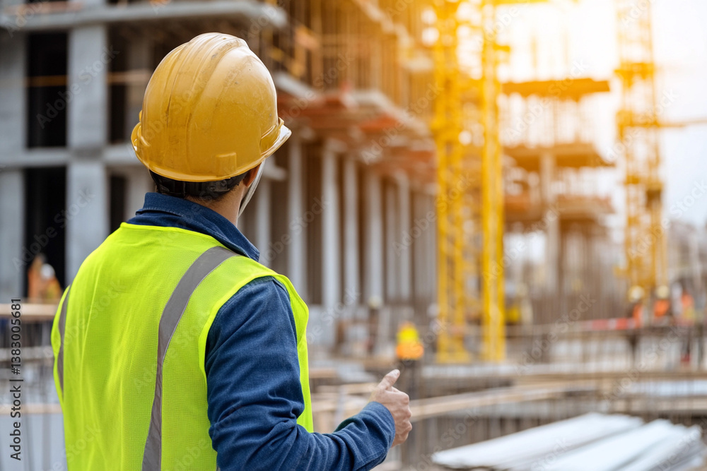 Construction worker operating a crane at a busy construction site during the day Construction worker operating a crane at a busy construction site during the day