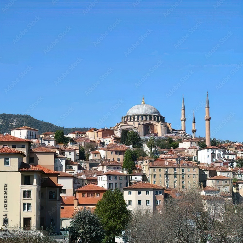 Naklejka premium Panoramic Views of Historic Cathedrals: Exploring the Iconic Architecture of Rome and Istanbul,Ai generated 